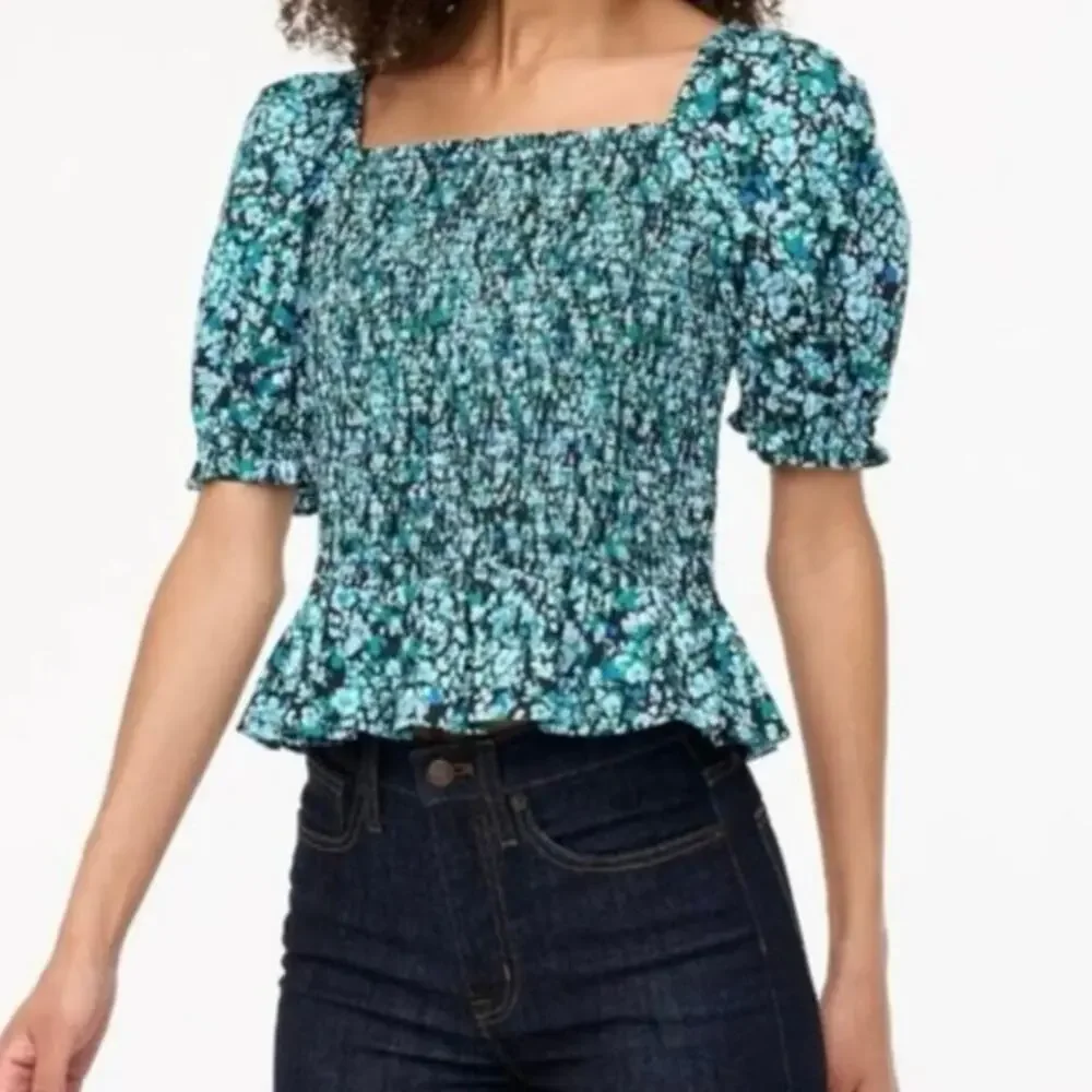 J. Crew Floral Smocked Bodice Poplin Top Black Heritage Green NEW - Size M